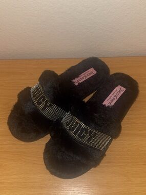 Juicy Couture Black Fuzzy Slide Slippers with Crystal Logo Strap